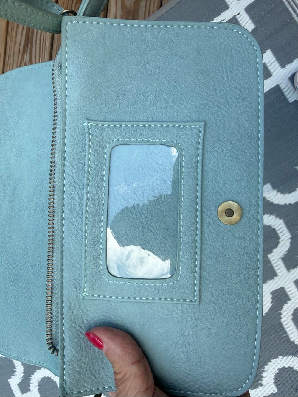 Women’s Crossbody Bag JOY in Light Blue with Sage Green inside. - Picture 5 of 6